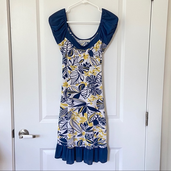 Navy and Yellow Botanical Leaf Print Summer Dress. Fits like Womens 2/4 - Picture 1 of 8